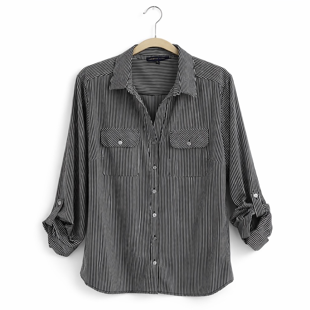 Adrienne Vittadini Black & White Striped Button-Up Blouse | Roll Tab Sleeves